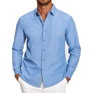 imageCOOFANDY Mens Casual Button Down Shirt Untucked Long Sleeve Stretch Denim Dress ShirtLight Blue
