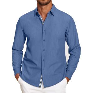 imageCOOFANDY Mens Casual Button Down Shirt Untucked Long Sleeve Stretch Denim Dress ShirtNavy