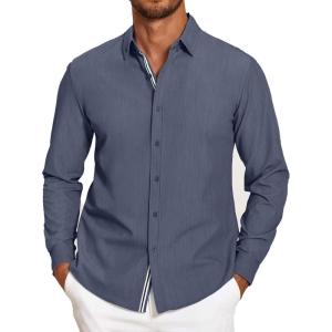 imageCOOFANDY Mens Casual Button Down Shirt Untucked Long Sleeve Stretch Denim Dress ShirtNavy Blue