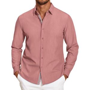 imageCOOFANDY Mens Casual Button Down Shirt Untucked Long Sleeve Stretch Denim Dress ShirtPink