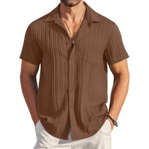 imageCOOFANDY Mens Casual Button Down Shirts Short Sleeve Textured Summer Beach Shirt with PocketBrown