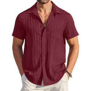 imageCOOFANDY Mens Casual Button Down Shirts Short Sleeve Textured Summer Beach Shirt with PocketWine Red
