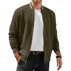 imageCOOFANDY Mens Casual Jacket Lightweight Waffle Bomber Sweatshirt Sweater Jacket Zip Up Varsity CoatArmy Green
