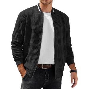 imageCOOFANDY Mens Casual Jacket Lightweight Waffle Bomber Sweatshirt Sweater Jacket Zip Up Varsity CoatBlack