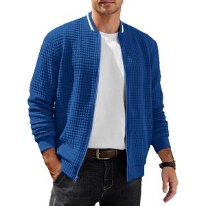 imageCOOFANDY Mens Casual Jacket Lightweight Waffle Bomber Sweatshirt Sweater Jacket Zip Up Varsity CoatDenim Blue