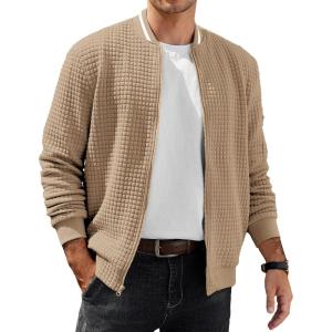 imageCOOFANDY Mens Casual Jacket Lightweight Waffle Bomber Sweatshirt Sweater Jacket Zip Up Varsity CoatKhaki