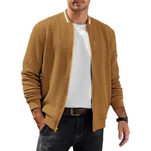 imageCOOFANDY Mens Casual Jacket Lightweight Waffle Bomber Sweatshirt Sweater Jacket Zip Up Varsity CoatLight Brown