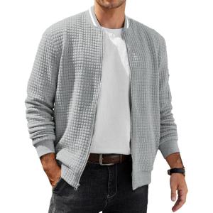 imageCOOFANDY Mens Casual Jacket Lightweight Waffle Bomber Sweatshirt Sweater Jacket Zip Up Varsity CoatLight Grey
