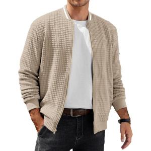 imageCOOFANDY Mens Casual Jacket Lightweight Waffle Bomber Sweatshirt Sweater Jacket Zip Up Varsity CoatLight Khaki