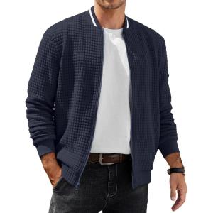 imageCOOFANDY Mens Casual Jacket Lightweight Waffle Bomber Sweatshirt Sweater Jacket Zip Up Varsity CoatNavy Blue