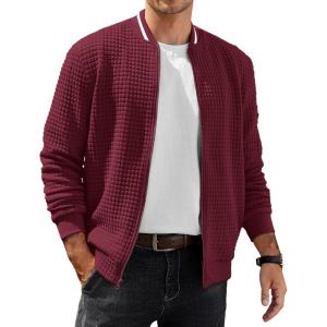 imageCOOFANDY Mens Casual Jacket Lightweight Waffle Bomber Sweatshirt Sweater Jacket Zip Up Varsity CoatRed