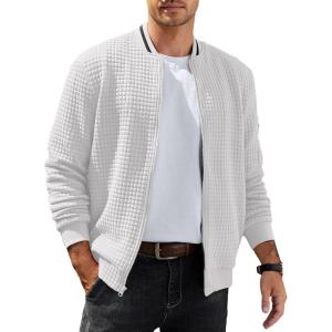 imageCOOFANDY Mens Casual Jacket Lightweight Waffle Bomber Sweatshirt Sweater Jacket Zip Up Varsity CoatWhite