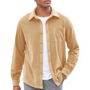 imageCOOFANDY Mens Casual Shirt Long Sleeve Button Down Lightweight Flannel ShirtsKhaki