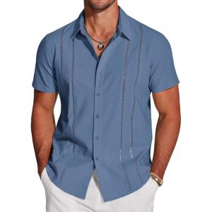 imageCOOFANDY Mens Cuban Guayabera Shirt Short Sleeve Button Down Shirts Casual Summer Beach Linen ShirtsGray Blue