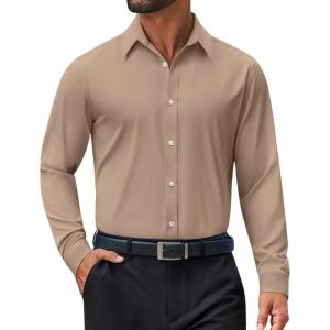 imageCOOFANDY Mens Dress Shirt Long Sleeve Wrinkle Free Formal Shirts Business Casual Button Down ShirtsKhaki