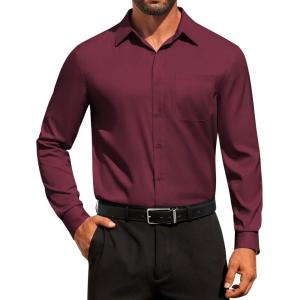 imageCOOFANDY Mens Dress Shirt Solid Long Sleeve Wrinkle Free Formal Shirt Business Button Down Shirts with PocketDark Red