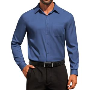 imageCOOFANDY Mens Dress Shirt Solid Long Sleeve Wrinkle Free Formal Shirt Business Button Down Shirts with PocketDenim Blue