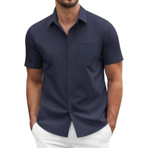 imageCOOFANDY Mens Dress Shirts Short Sleeve Business Casual Regular Fit Button Down Shirts with PocketDark Navy