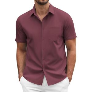 imageCOOFANDY Mens Dress Shirts Short Sleeve Business Casual Regular Fit Button Down Shirts with PocketDeep Red