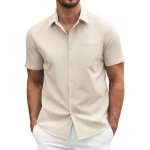 imageCOOFANDY Mens Dress Shirts Short Sleeve Business Casual Regular Fit Button Down Shirts with PocketKhaki