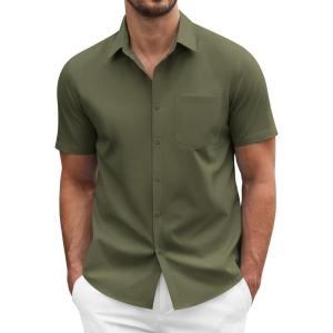 imageCOOFANDY Mens Dress Shirts Short Sleeve Business Casual Regular Fit Button Down Shirts with PocketOlive Green