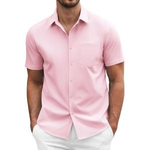 imageCOOFANDY Mens Dress Shirts Short Sleeve Business Casual Regular Fit Button Down Shirts with PocketPink