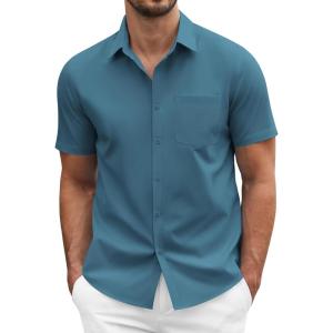 imageCOOFANDY Mens Dress Shirts Short Sleeve Business Casual Regular Fit Button Down Shirts with PocketTeal