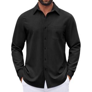 imageCOOFANDY Mens Dress Shirts Untucked Long Sleeve Button Down Denim Shirt Stretch Business Casual Shirts for MenBlack