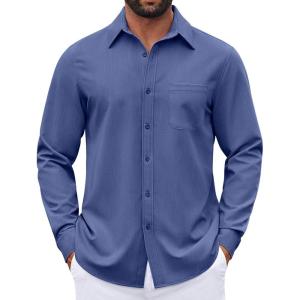 imageCOOFANDY Mens Dress Shirts Untucked Long Sleeve Button Down Denim Shirt Stretch Business Casual Shirts for MenDeep Blue