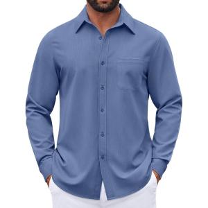imageCOOFANDY Mens Dress Shirts Untucked Long Sleeve Button Down Denim Shirt Stretch Business Casual Shirts for MenNavy Blue