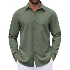 imageCOOFANDY Mens Dress Shirts Untucked Long Sleeve Button Down Denim Shirt Stretch Business Casual Shirts for MenOlive Green