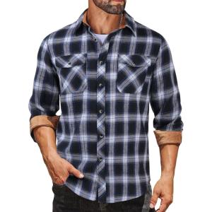 imageCOOFANDY Mens Fall Plaid Button Down Shirt Long Sleeve Casual Cowboy Work Shirts Lightweight Flannel Shirts Two PocketPlaidblack  Navy