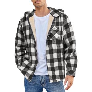 imageCOOFANDY Mens Flannel Fleece Jacket Sherpa Lined Shirt Jacket Plaid Zip Up Hoodie Soft Warm Coat with HoodBblack Plaid