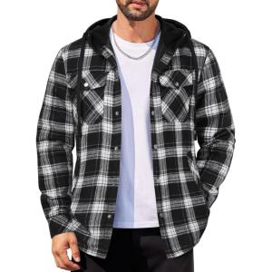 imageCOOFANDY Mens Flannel Shirt Jacket Cotton Quilted Lined Plaid Shirt Long Sleeve Button Down Hoodie JacketsBlack White Grey Plaid