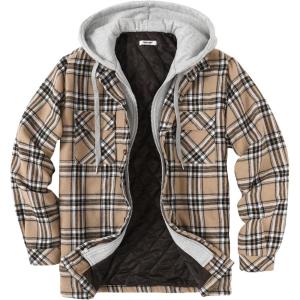 imageCOOFANDY Mens Flannel Shirt Jacket Warm Quilted Lined Hooded Long Sleeve Plaid Shirt JacketsKhaki