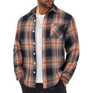 imageCOOFANDY Mens Flannel Shirts Long Sleeve Lightweight Plaid Shirt Casual Button Down Shirts JacketBlack Orange