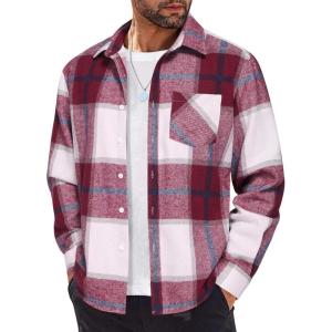 imageCOOFANDY Mens Flannel Shirts Long Sleeve Lightweight Plaid Shirt Casual Button Down Shirts JacketRed White