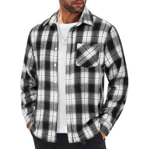imageCOOFANDY Mens Flannel Shirts Long Sleeve Lightweight Plaid Shirt Casual Button Down Shirts JacketWhite Black