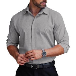 imageCOOFANDY Mens Formal Dress Shirt Hidden Button Front Wrinkle Free Shirt Regular Fit Stretch Business Casual ShirtsLight Grey