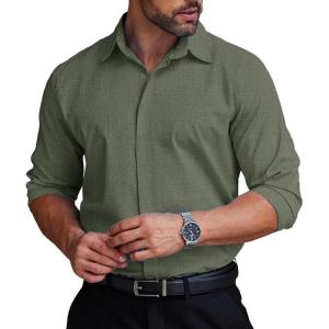 imageCOOFANDY Mens Formal Dress Shirt Hidden Button Front Wrinkle Free Shirt Regular Fit Stretch Business Casual ShirtsOlive Green