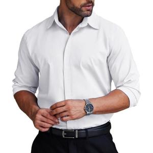 imageCOOFANDY Mens Formal Dress Shirt Hidden Button Front Wrinkle Free Shirt Regular Fit Stretch Business Casual ShirtsWhite