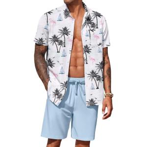 imageCOOFANDY Mens Hawaiian 2 Piece Outfits Summer Beach Matching Set Short Sleeve Floral Shirts and ShortsIsland Light Blue