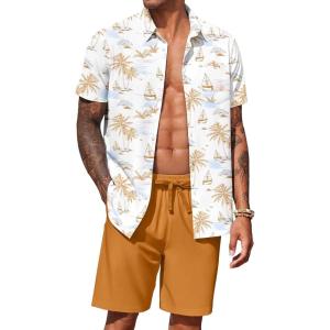 imageCOOFANDY Mens Hawaiian 2 Piece Outfits Summer Beach Matching Set Short Sleeve Floral Shirts and ShortsIsland Sailboat Orange