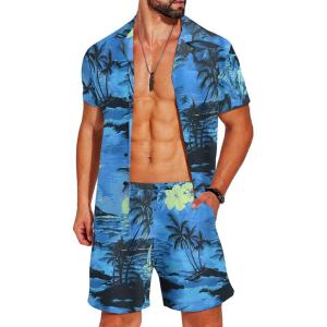 imageCOOFANDY Mens Hawaiian Matching Shirt and Shorts Set Summer Beach 2 Piece Outfits Short Sleeve Cuban Shirts and ShortsCoconut Trees