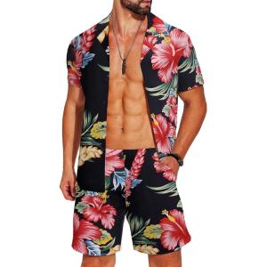 imageCOOFANDY Mens Hawaiian Matching Shirt and Shorts Set Summer Beach 2 Piece Outfits Short Sleeve Cuban Shirts and ShortsDream Garden