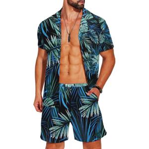 imageCOOFANDY Mens Hawaiian Matching Shirt and Shorts Set Summer Beach 2 Piece Outfits Short Sleeve Cuban Shirts and ShortsLeavesblue