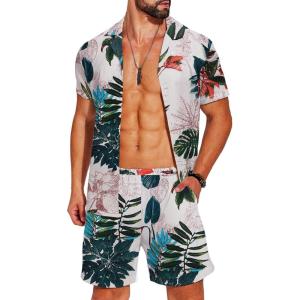 imageCOOFANDY Mens Hawaiian Matching Shirt and Shorts Set Summer Beach 2 Piece Outfits Short Sleeve Cuban Shirts and ShortsLeaveswhite