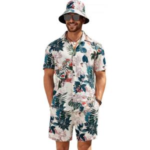 imageCOOFANDY Mens Hawaiian Shirt and Short Set Flower 2pieces Beach Outfit with Bucket HatsKhaki Leaves  Flower