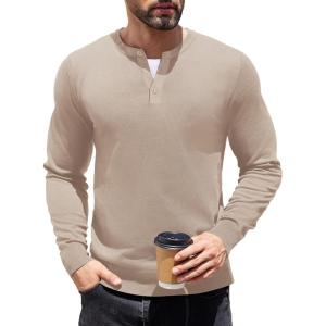 imageCOOFANDY Mens Knit Henley TShirts Dress Long Sleeve Sweater Casual Collarless Quarter Button PulloverApricot
