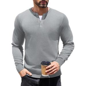 imageCOOFANDY Mens Knit Henley TShirts Dress Long Sleeve Sweater Casual Collarless Quarter Button PulloverLight Grey